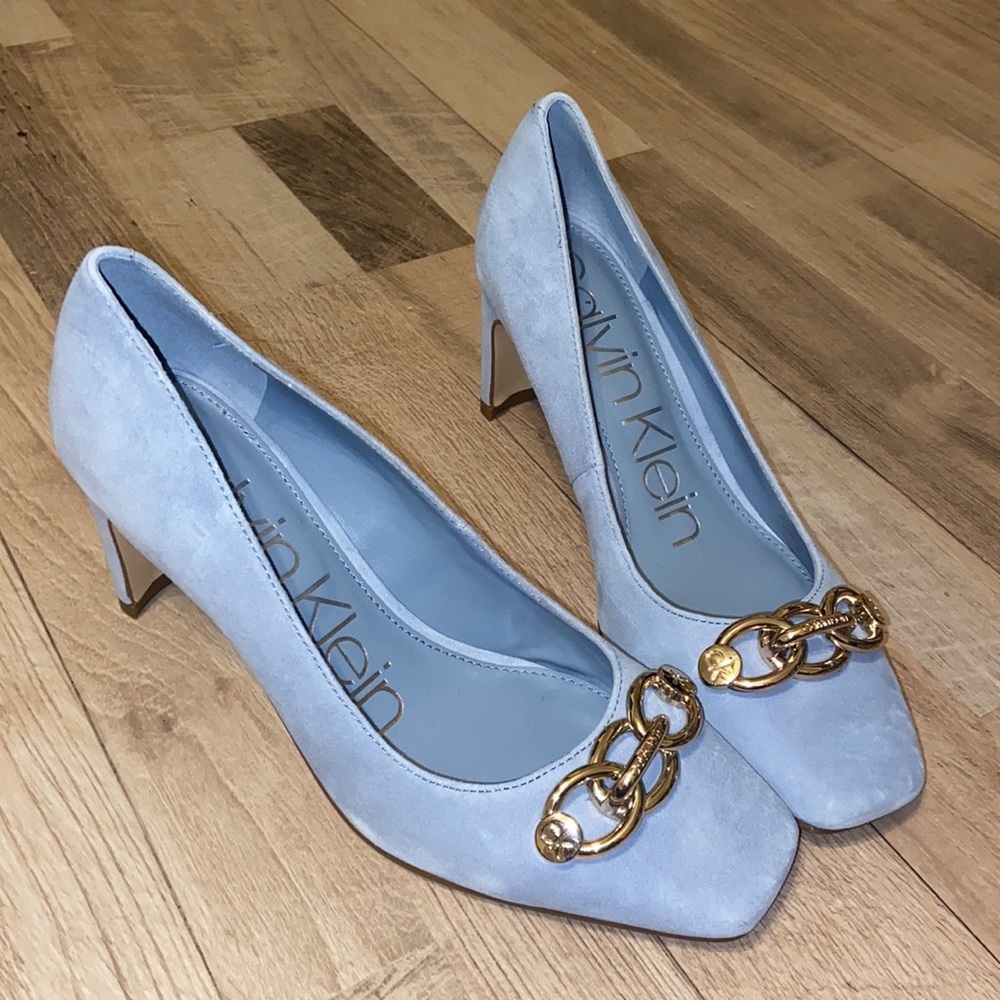 Calvin Klein pastel blue with gold chain heels